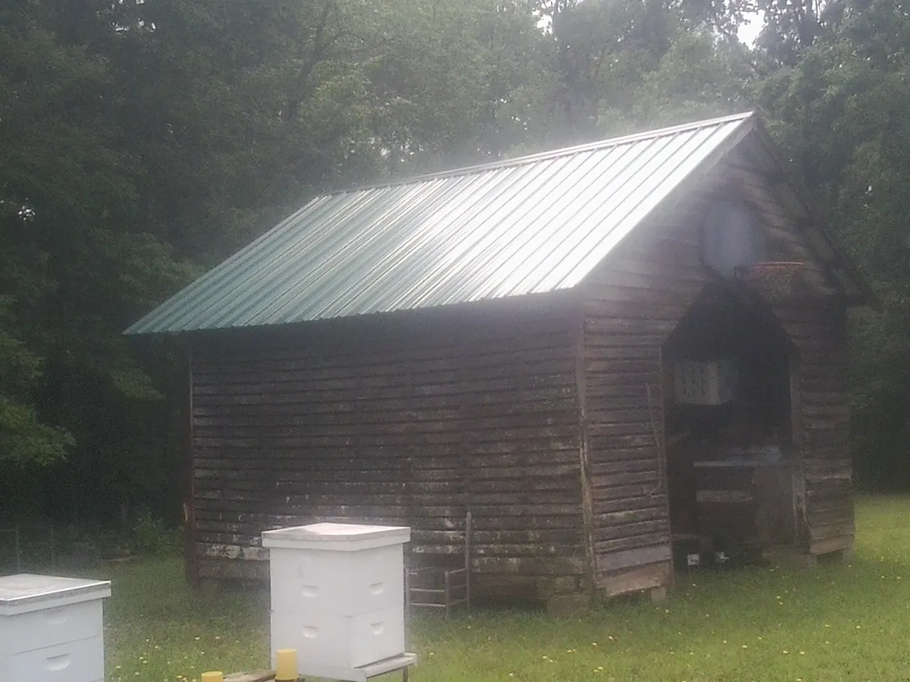 Green metal roof on a weathered barn beside stacked beehives in Pocasset